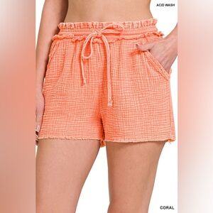 Zenana Coral Washed Double Gauze Frayed Hem Drawstring Shorts